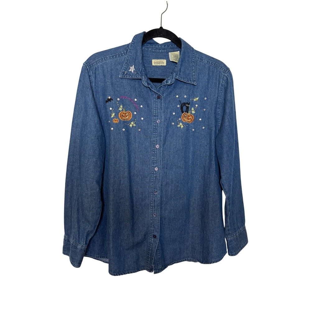 Vintage Classic Elements Halloween Denim Shirt Embroidered Pumpkin Cat Blue